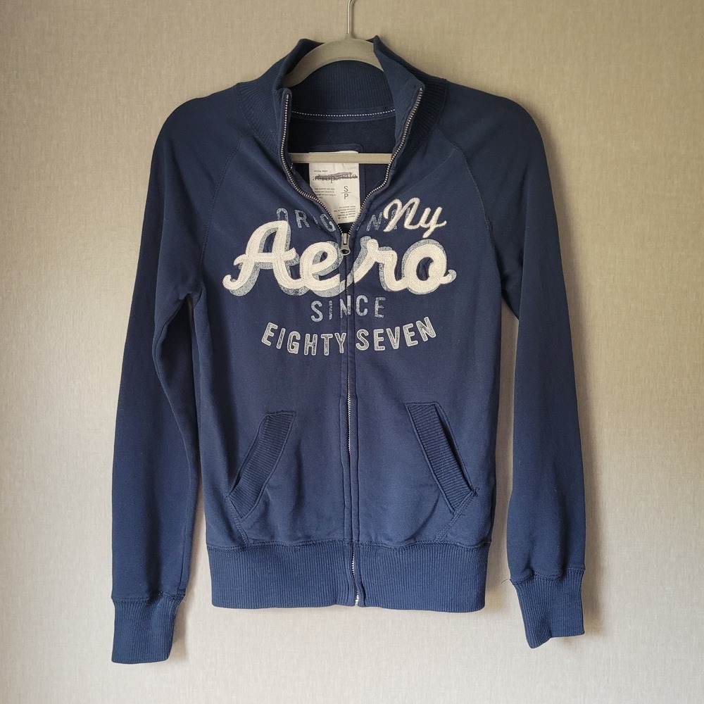 Aeropostale VTG Navy Blue Zip Small Aero NY 87 Graphic Sweatshirt Y2K Grunge